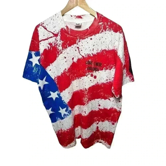 Vintage Single Stitch T Shirt XL Flag Print Fruit Of The Loom Made In USA - Picture 1 of 7